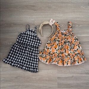 Fall Dress Lot Black Checkered Dress and Orange Floral Dress with Headband